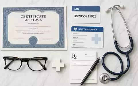 Elevance Health US2855211023 Flatlay mit Aktienzertifikat ISIN-Karte Stethoskop und medizinischen Utensilien auf Marmor - Foto: THN