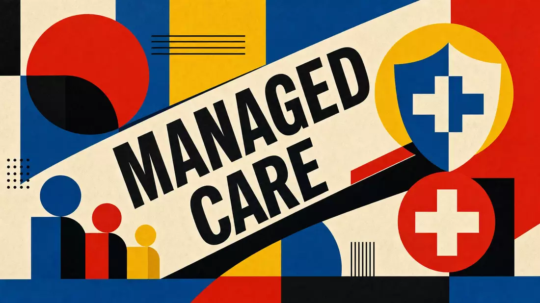 Bauhaus-Poster mit fetten Primärfarben, MANAGED CARE Schriftzug und geometrischen Formen