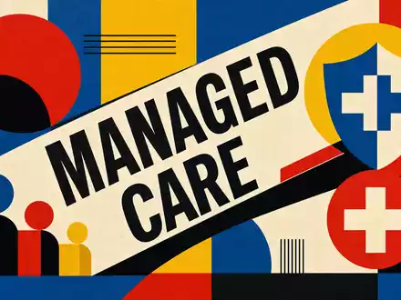 Elevance Health US2855211023 Bauhaus-Grafikposter mit fettgedrucktem MANAGED CARE Text und geometrischen Primärfarb-Formen - Foto: THN