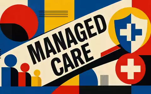 Elevance Health US2855211023 Bauhaus-Grafikposter mit fettgedrucktem MANAGED CARE Text und geometrischen Primärfarb-Formen - Foto: THN