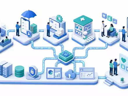 Elevance Health US2855211023 isometrisches 3D-Diagramm zeigt vernetzte Prozessmodule der Managed-Care-Wertschöpfungskette im Überblick - Foto: THN