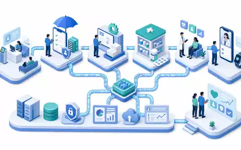 Elevance Health US2855211023 isometrisches 3D-Diagramm zeigt vernetzte Prozessmodule der Managed-Care-Wertschöpfungskette im Überblick - Foto: THN