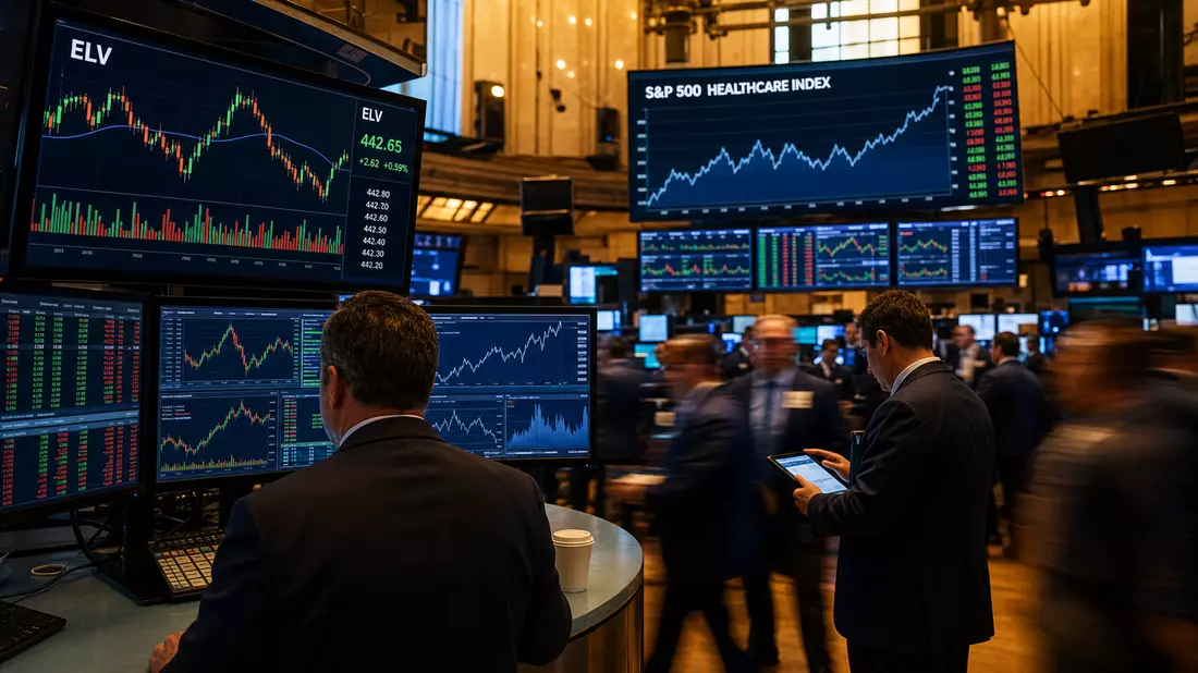 NYSE-Handelsparkett mit Händlern und Bildschirmen für Healthcare-Sektor-Aktien