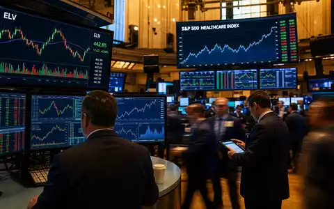 Elevance Health US2855211023 NYSE-Handelsparkett mit ELV-Kurscharts und aktiven Händlern vor leuchtenden Monitoren - Foto: THN