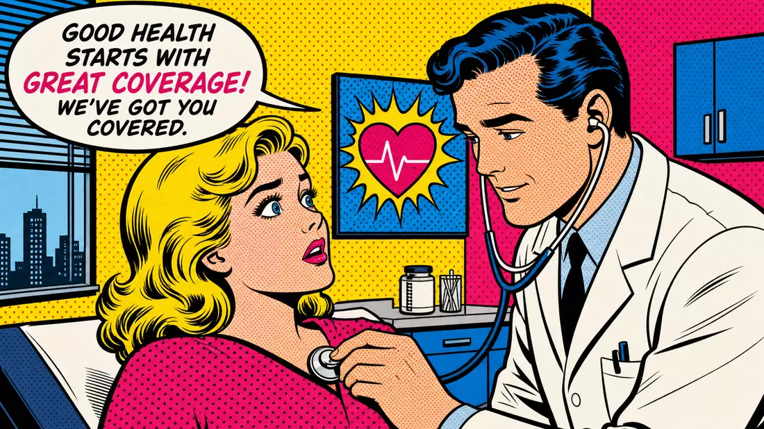 Pop-Art-Comic im Lichtenstein-Stil zeigt Arzt und Patientin bei Krankenversicherungsberatung