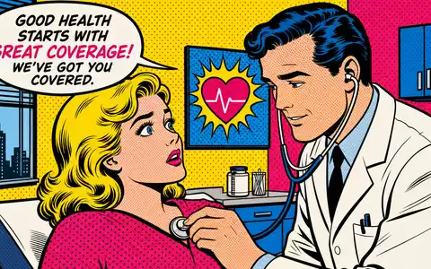 Elevance Health US2855211023 Pop-Art-Comic im Lichtenstein-Stil mit Arzt und Patientin in farbiger Behandlungsszene - Foto: THN