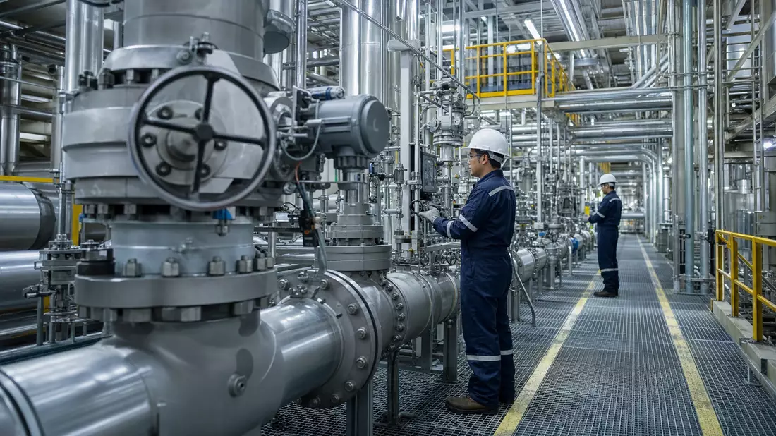 Fotorealistisches Industriebild einer Automatisierungsanlage mit Rohrleitungen und Arbeitern