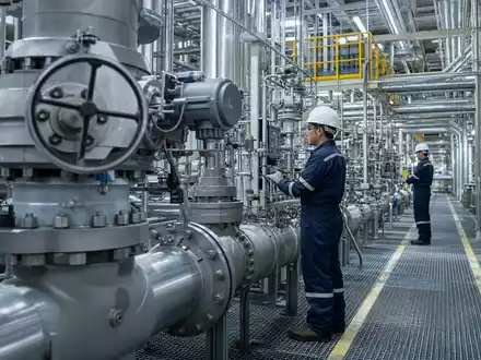 Emerson Electric Industrieanlage US2910111044 zeigt Techniker bei der Ventilkontrolle in moderner Prozessautomation - Foto: THN