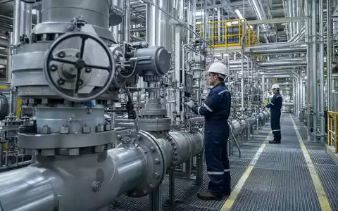 Emerson Electric Industrieanlage US2910111044 zeigt Techniker bei der Ventilkontrolle in moderner Prozessautomation - Foto: THN