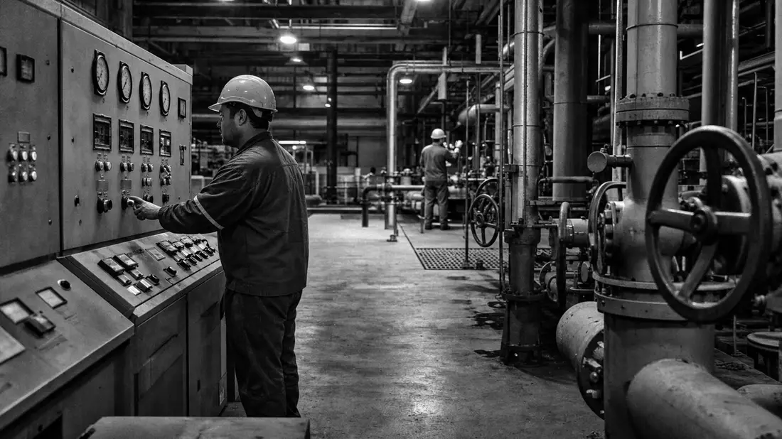 Schwarz-Weiß-Reportagefoto eines Arbeiters an Industrieschaltpanel mit Rohrleitungen