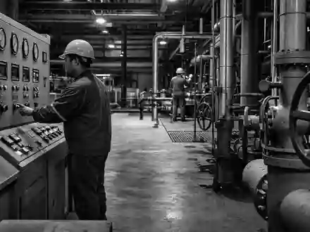 Emerson Electric Reportagefoto US2910111044 dokumentiert Industriearbeiter an Schaltanlagen in dramatischem kontrastreichem Schwarzweiß - Foto: THN