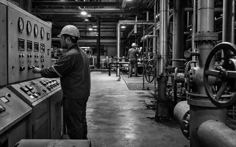 Emerson Electric Reportagefoto US2910111044 dokumentiert Industriearbeiter an Schaltanlagen in dramatischem kontrastreichem Schwarzweiß - Foto: THN