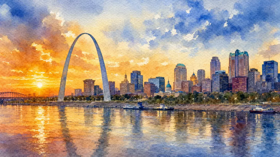 Aquarell der St.-Louis-Skyline mit Gateway Arch bei Sonnenuntergang über dem Mississippi