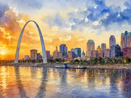 Emerson Electric Heimatstadt St. Louis US2910111044 als leuchtende Aquarellmalerei mit Gateway Arch Skyline - Foto: THN