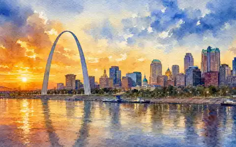 Emerson Electric Heimatstadt St. Louis US2910111044 als leuchtende Aquarellmalerei mit Gateway Arch Skyline - Foto: THN