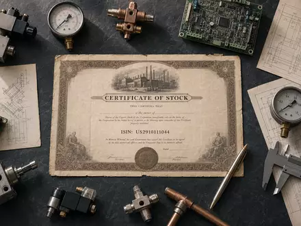 Emerson Electric Flatlay US2910111044 mit Aktienzertifikat Druckmanometer und industriellen Automatisierungsbauteilen auf Schiefer - Foto: THN