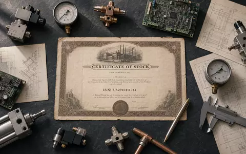 Emerson Electric Flatlay US2910111044 mit Aktienzertifikat Druckmanometer und industriellen Automatisierungsbauteilen auf Schiefer - Foto: THN
