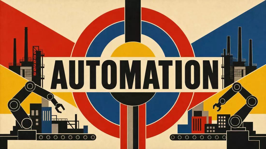 Bauhaus-Poster mit AUTOMATION-Schrift, geometrischen Formen und Industrieanlage-Silhouetten in Primärfarben