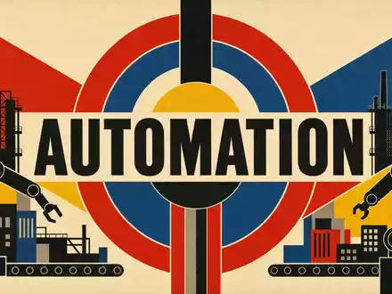 Emerson Electric Sektor US2910111044 als Bauhaus-Geometrieposter mit AUTOMATION-Schrift und Industriesilhouetten in PrimÀrfarben - Foto: THN