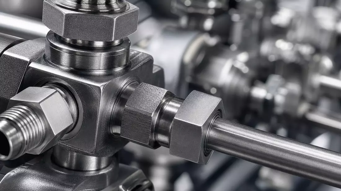Makrofotografie von Edelstahl-Industrieventil-Verschraubungen mit extremer Tiefenschärfe