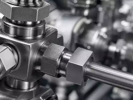 Emerson Electric Produktdetail US2910111044 als extreme Makroaufnahme von hoch präzisionsgefertigten Edelstahl-Ventilverschraubungen mit Bokeh - Foto: THN