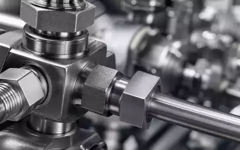 Emerson Electric Produktdetail US2910111044 als extreme Makroaufnahme von hoch prÀzisionsgefertigten Edelstahl-Ventilverschraubungen mit Bokeh - Foto: THN