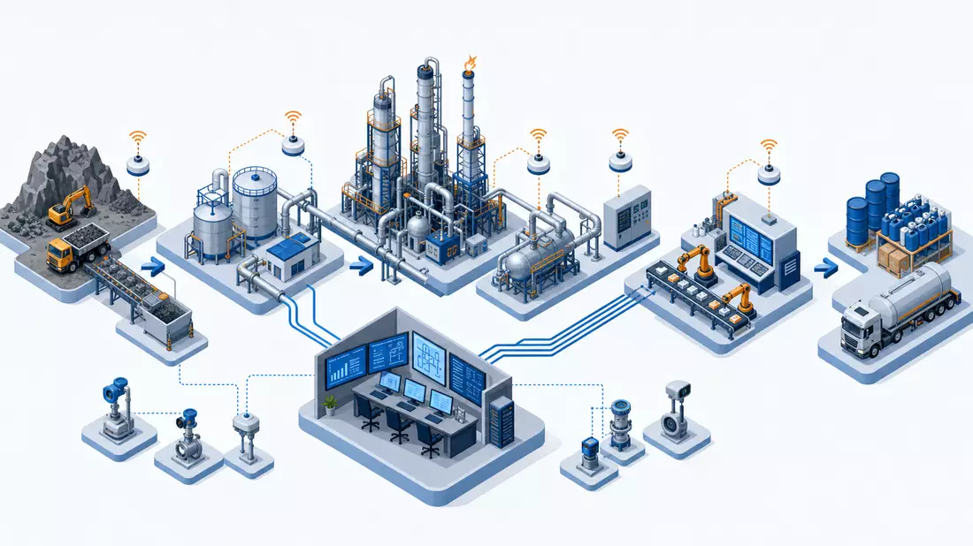 Isometrische 3D-Illustration der industriellen Automatisierungs-Wertschöpfungskette mit vernetzten Prozessstufen