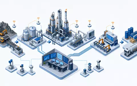 Emerson Electric Wertschöpfungskette US2910111044 als isometrisches 3D-Diagramm von Rohstoffen bis zu Automatisierungssteuersystemen - Foto: THN