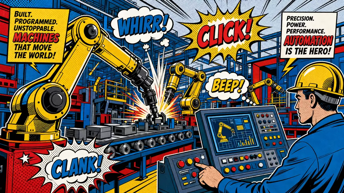 Pop-Art-Comic mit gelben Roboterarmen in Fabrik, Soundeffekten CLICK WHIRR und Automatisierungsszene