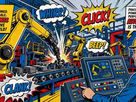 Emerson Electric Industrieautomation US2910111044 als farbiger Pop-Art-Comic mit gelben Roboterarmen und Comic-Schalleffekten - Foto: THN