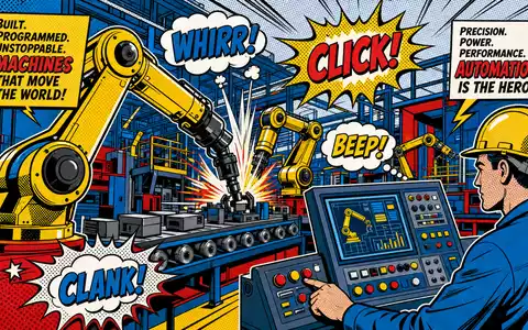 Emerson Electric Industrieautomation US2910111044 als farbiger Pop-Art-Comic mit gelben Roboterarmen und Comic-Schalleffekten - Foto: THN