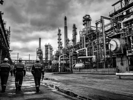 Neste Oyj FI0009013296 dokumentiert eine Schwarzweiß-Reportage von Arbeitern in einer großen petrochemischen Industrieanlage - Foto: THN