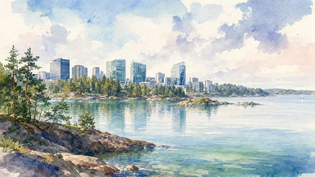 Aquarellmalerei der Küstenskyline von Espoo mit Glasgebäuden, Kiefernwald und ruhiger Schärensee