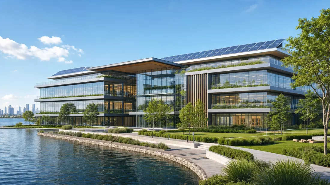 Architektur-Render eines modernen nachhaltigen Glasbürogebäudes mit Solarpanels am Wasser