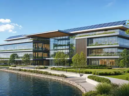 Neste Oyj FI0009013296 visualisiert einen modernen Architektur-Render eines nachhaltigen Glas-Bürogebäudes direkt am ruhigen Wasser - Foto: THN