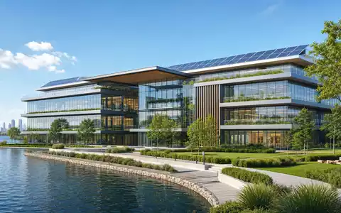Neste Oyj FI0009013296 visualisiert einen modernen Architektur-Render eines nachhaltigen Glas-Bürogebäudes direkt am ruhigen Wasser - Foto: THN