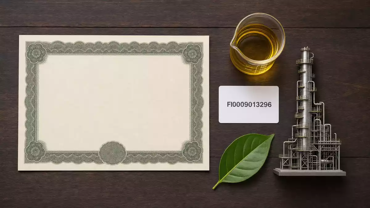 Flatlay mit Aktienzertifikat, ISIN-Karte FI0009013296 und goldener Biokraftstoffprobe im Glas