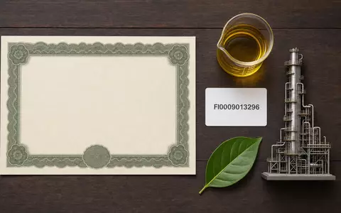 Neste Oyj FI0009013296 arrangiert stilvoll ein Flatlay mit Aktienzertifikat, ISIN-Karte und Biokraftstoff-Probe im Glas - Foto: THN