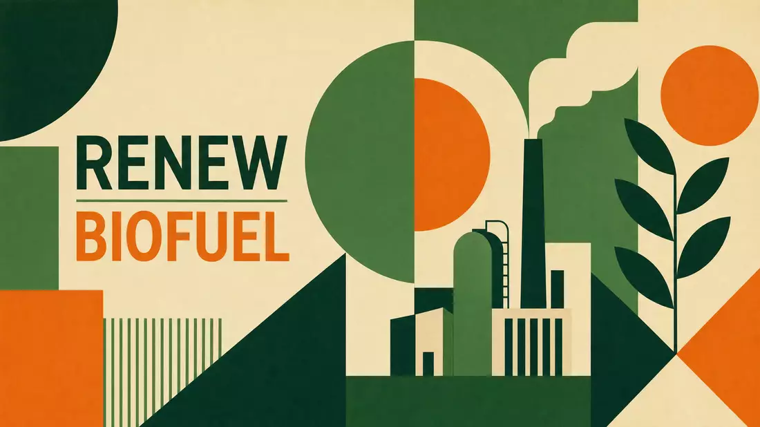 Geometrisches Bauhaus-Poster mit Formen in Grün und Orange und den Wörtern RENEW und BIOFUEL