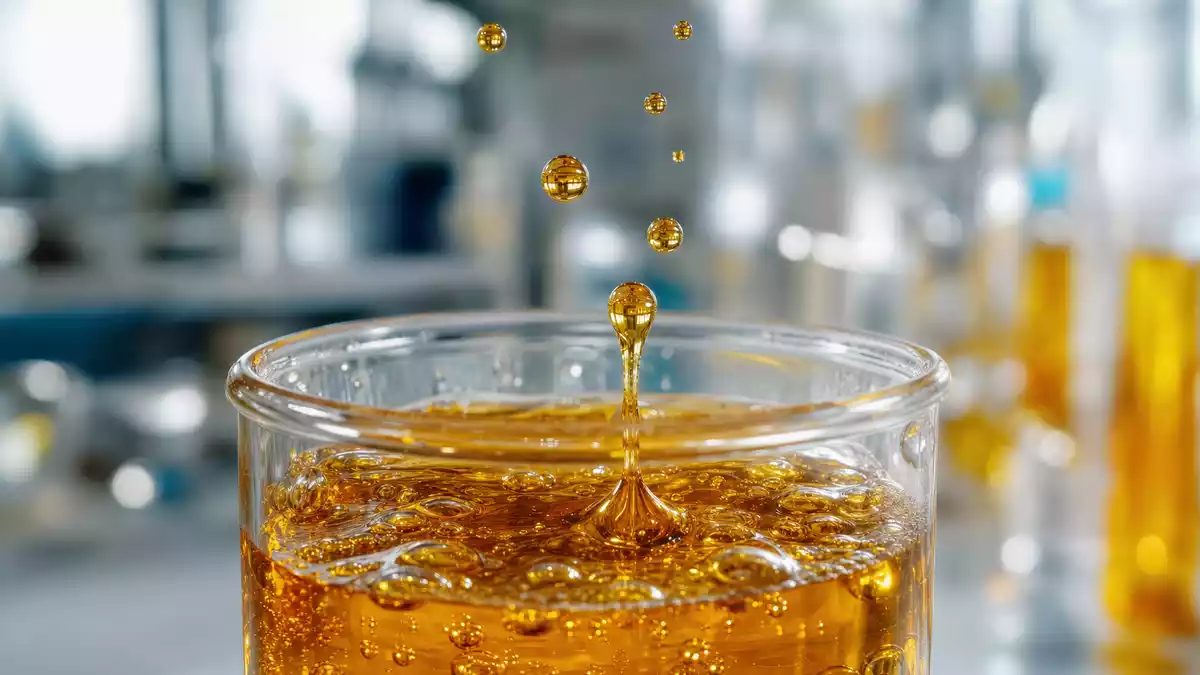 Makroaufnahme goldener Biokraftstofftropfen die in ein klares Glasgefäß im Labor fallen