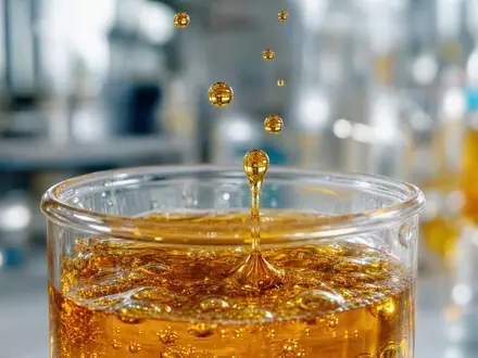 Neste Oyj FI0009013296 zeigt eine Makroaufnahme goldener Biokraftstoff-Tropfen die langsam ins Glas fallen - Foto: THN