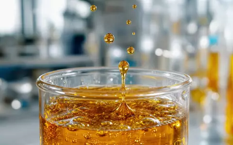 Neste Oyj FI0009013296 zeigt eine Makroaufnahme goldener Biokraftstoff-Tropfen die langsam ins Glas fallen - Foto: THN