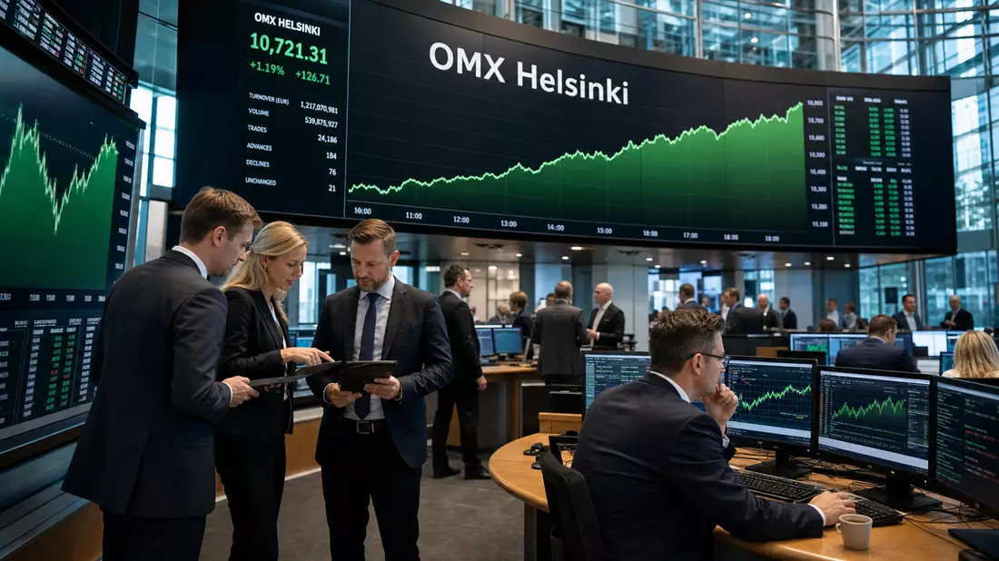 Editorialfoto eines Börsenhandelssaals mit Analysten und Bildschirmen zum Index OMX Helsinki