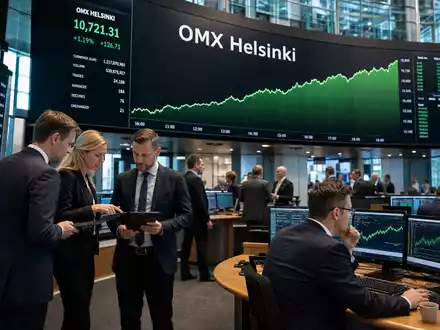 Neste Oyj FI0009013296 dokumentiert ein Börsen-Editorial mit Handelssaal-Bildschirmen und dem OMX Helsinki Kursverlauf heute - Foto: THN
