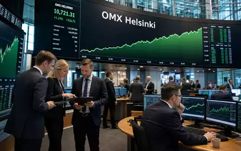 Neste Oyj FI0009013296 dokumentiert ein Börsen-Editorial mit Handelssaal-Bildschirmen und dem OMX Helsinki Kursverlauf heute - Foto: THN