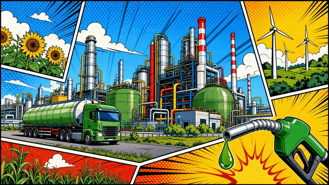 Bunte Pop-Art-Comic-Illustration einer futuristischen Biokraftstoffraffinerie mit Tanklaster