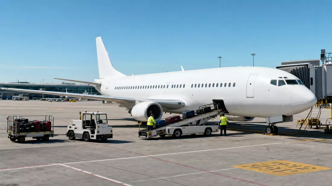 Weißes generisches Kurzstreckenflugzeug wird am Flughafengate in Dublin beladen