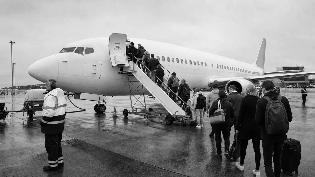 Schwarzweiß-Reportagefoto von Passagieren beim Boarding über Außentreppe in Dublin