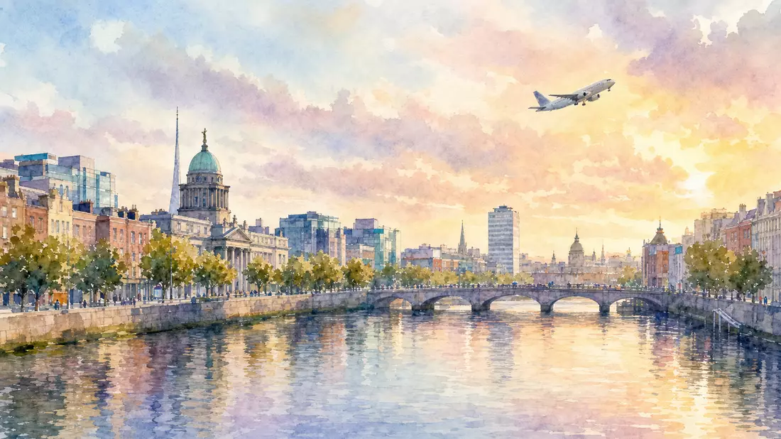 Aquarellbild der Dublin-Skyline mit Flugzeug im Abendlicht über dem Fluss Liffey
