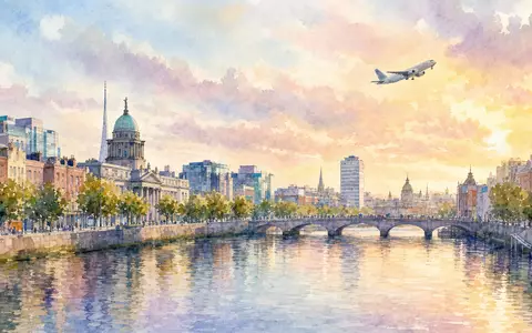 Aquarellmalerei der Dublin-Skyline mit startendem Flugzeug versinnbildlicht Ryanair Holdings plc, ISIN IE00BYTBXV33, künstlerisch - Foto: THN